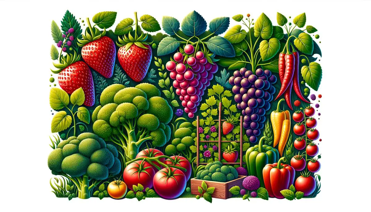 image of various plants like strawberries, mustard greens, grapes, tomatoes, and peppers, symbolizing plants that should be avoided as companions for broccoli
