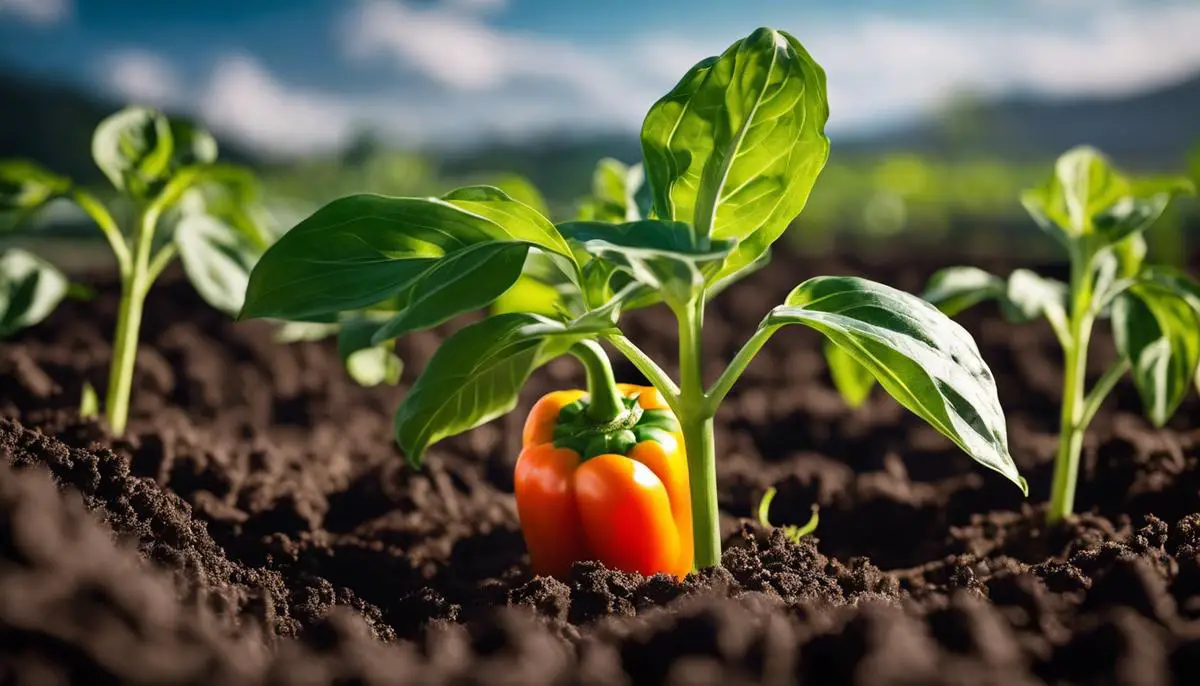 Image of a bell pepper plant growing in healthy soil