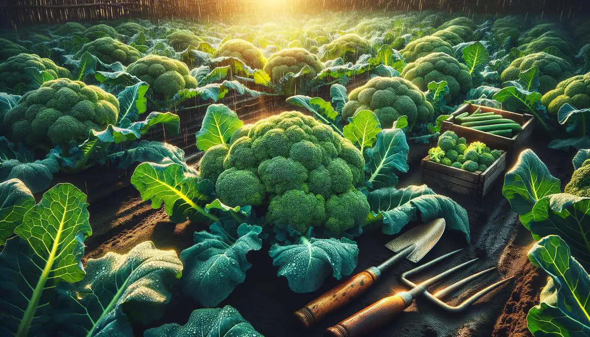 Image of a healthy organic broccoli crop growing in a garden