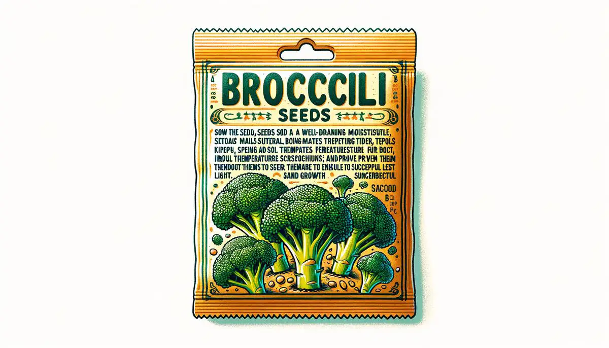 Image of a packet of broccoli seeds with instructions on the back to plant them in well-draining soil, maintain consistent moisture levels, provide ideal temperatures, and adequate light to ensure successful germination.