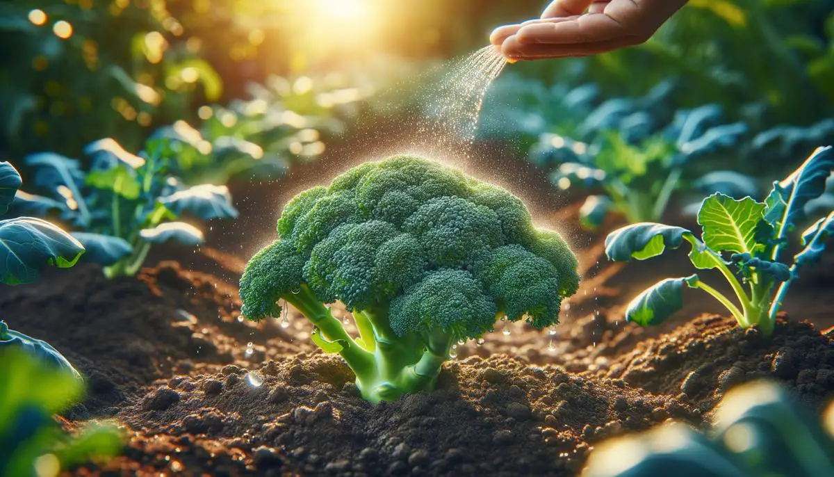 A visualization of a lush broccoli plant being watered carefully to maintain ideal soil moisture levels.
