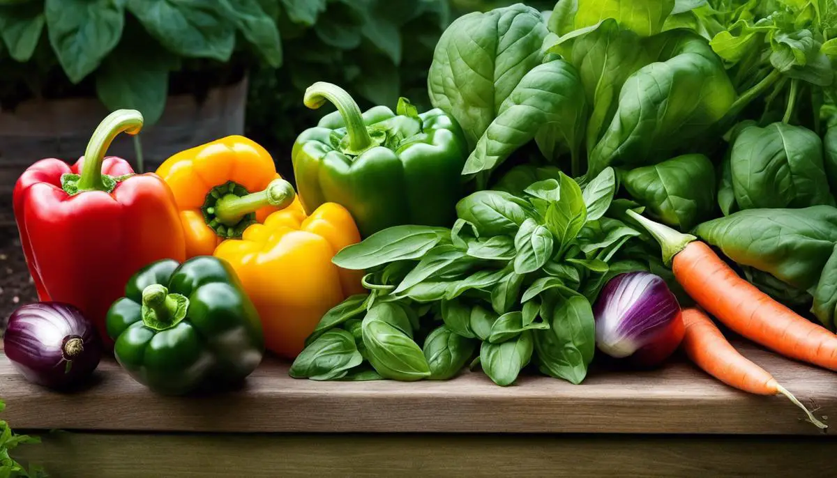 Image: Bell peppers surrounded by basil, onions, spinach, and carrots in a vegetable garden.