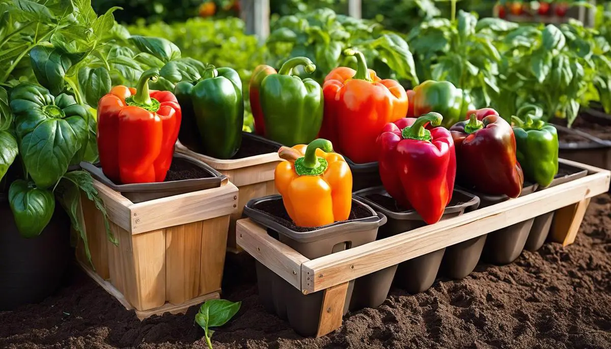 An image of a selection of different containers for growing bell peppers, showcasing options in different materials and sizes, with vibrant, healthy bell pepper plants growing in them.