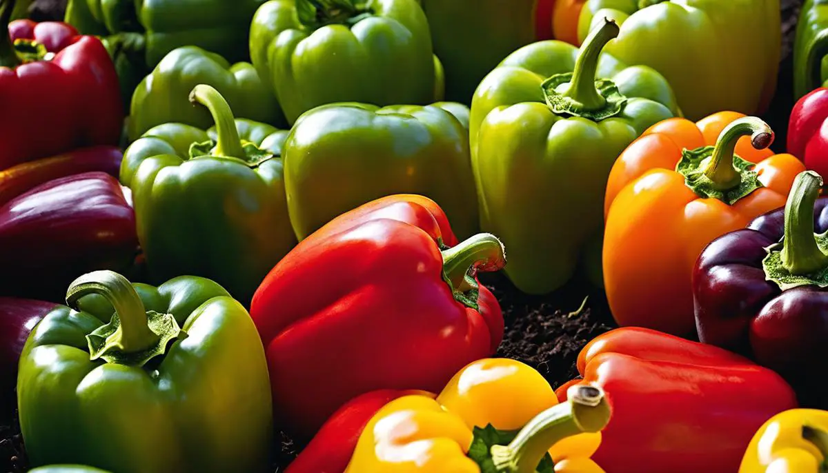 A close-up image of vibrant, colorful bell peppers sitting in a garden bed