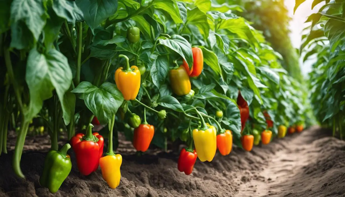 Image of healthy bell pepper plants growing in a garden.