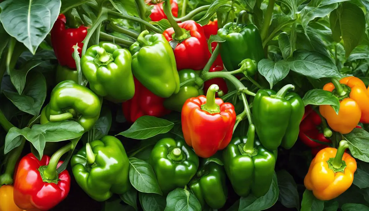 Image of bell peppers growing in a garden bed with vibrant green leaves and ripening fruits.