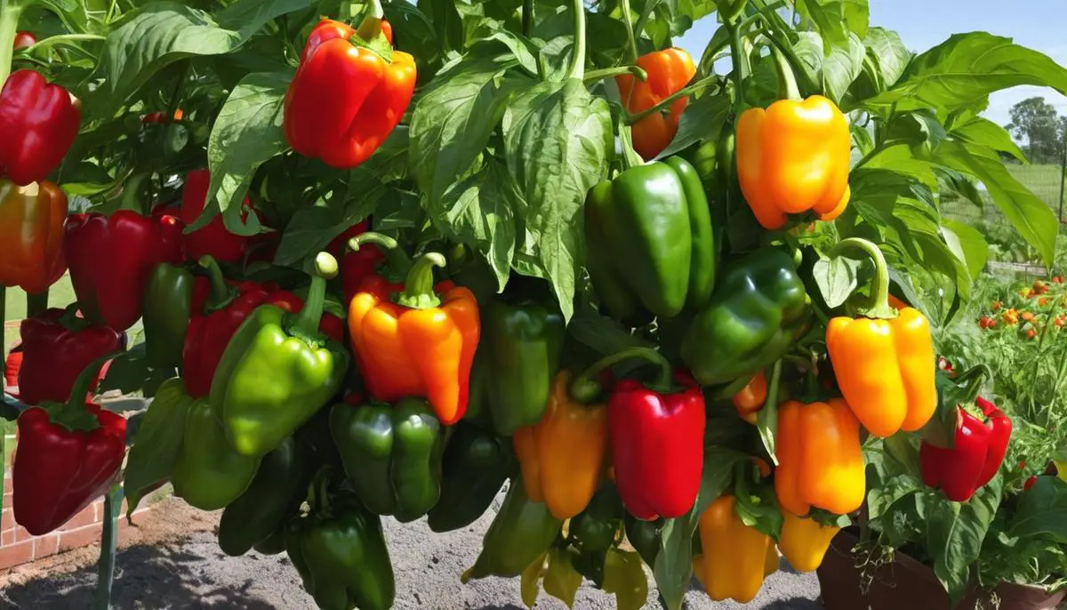 A container bell pepper garden with ripe and vibrant bell peppers.