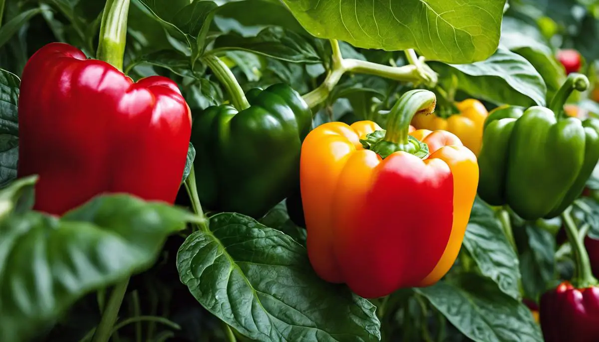 Close-up image of mature bell peppers growing on a plant in a well-maintained garden.
