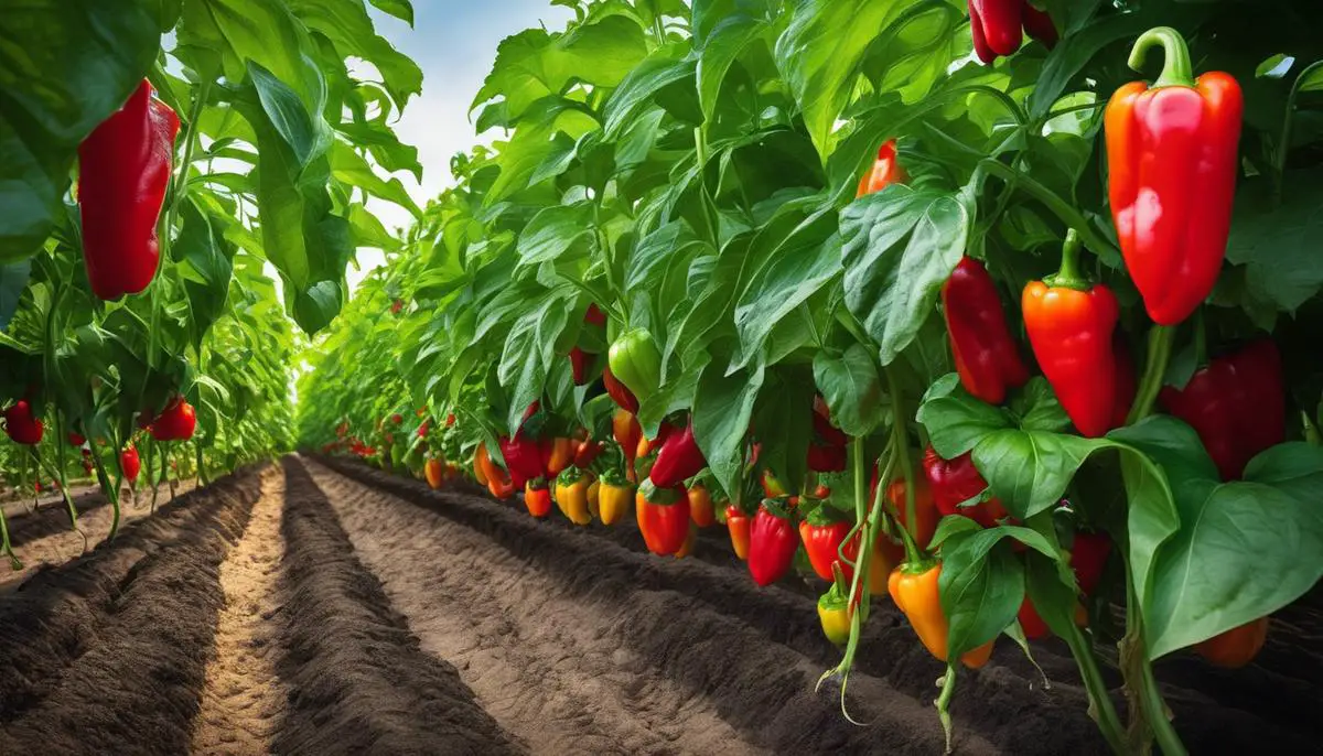 Image of a bell pepper garden with vibrant green leaves and ripened red bell peppers hanging from the plants.