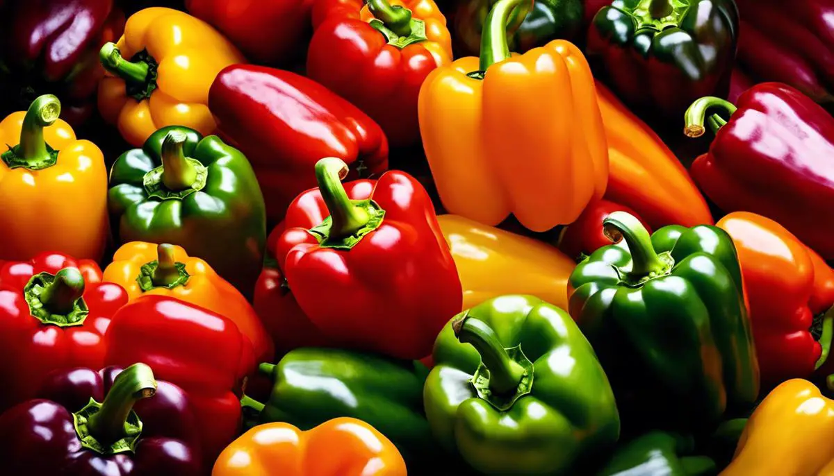 A ripe bell pepper with glossy skin in various colors.