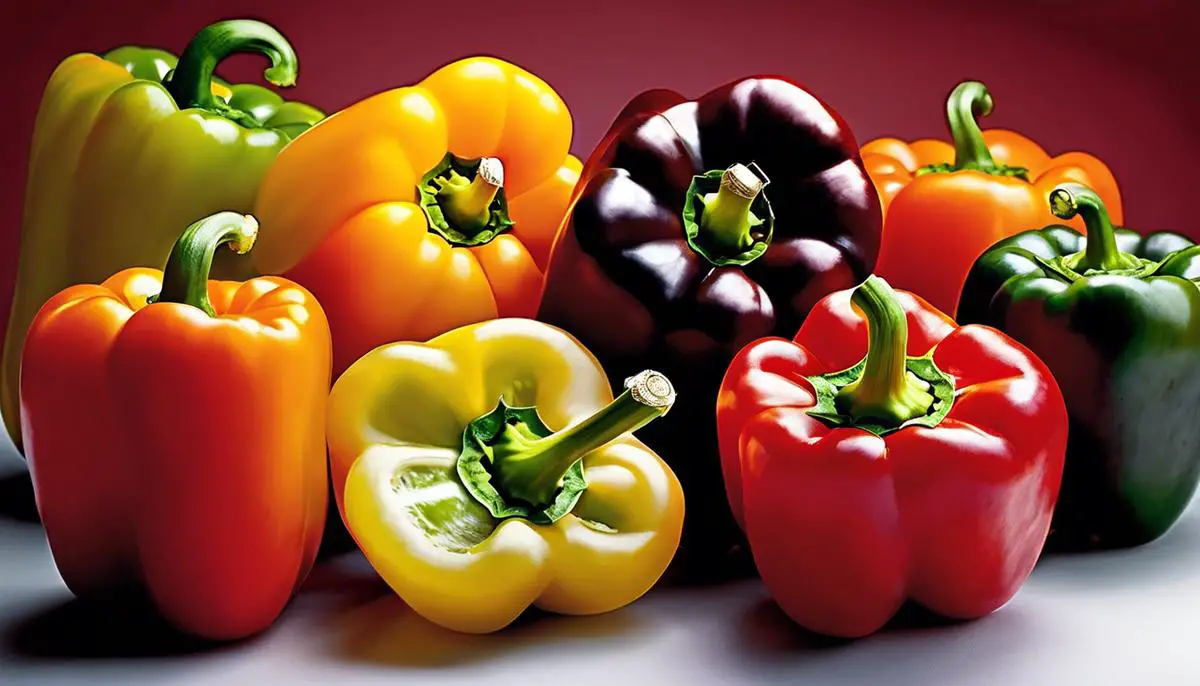 A colorful assortment of bell peppers, including red, yellow, and orange ones.
