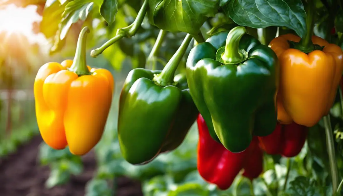 Image of fresh bell peppers growing in a vegetable garden