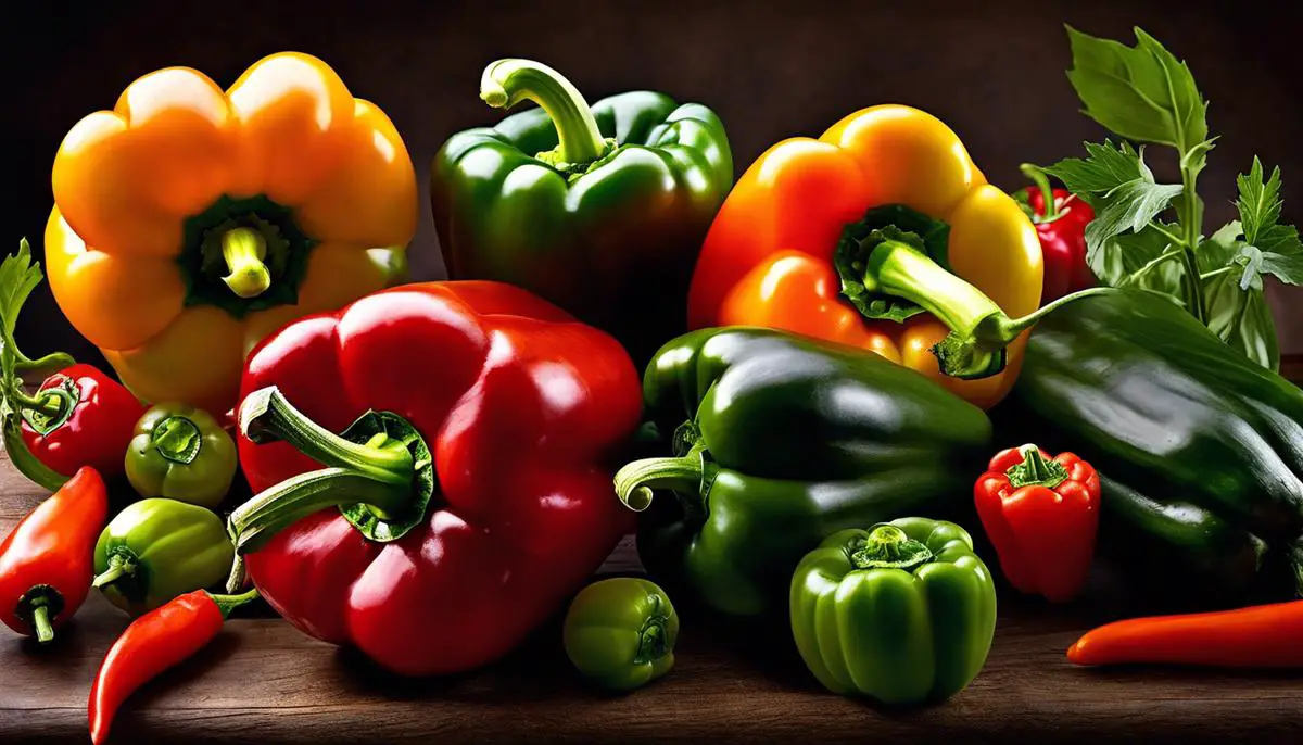 A journey from seed to plate, depicted by an image of bell peppers in various stages of growth and preparation.