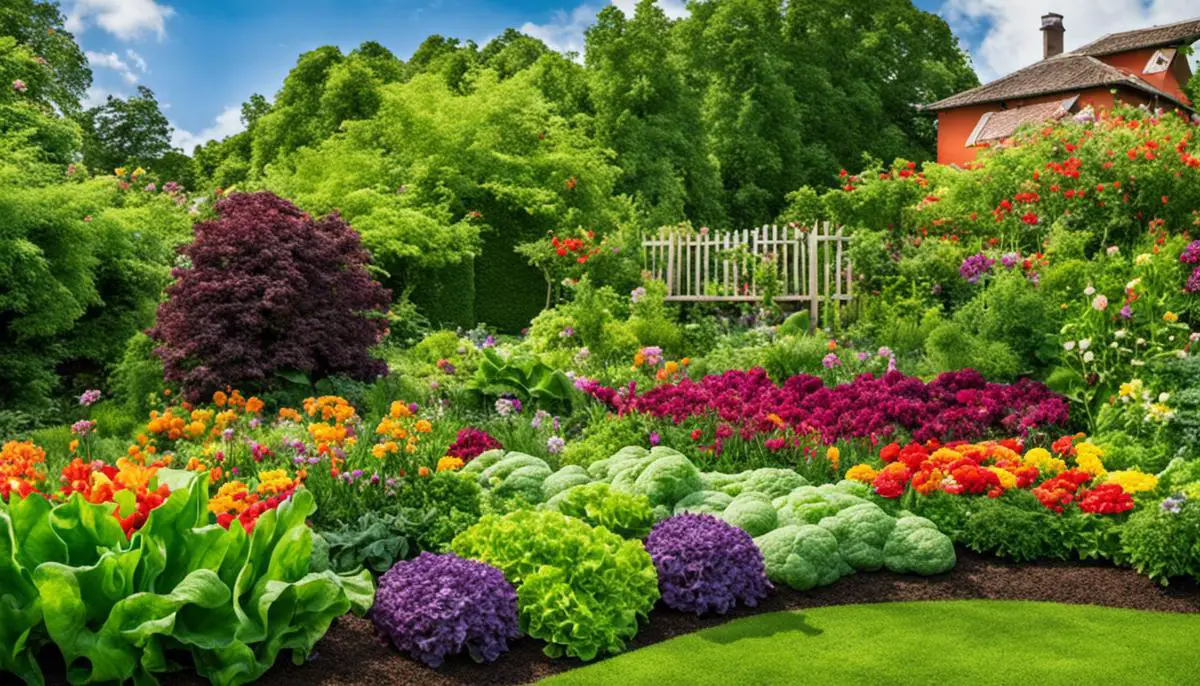 A vibrant garden with various flowers and vegetables, including lettuce, grown together in harmony.