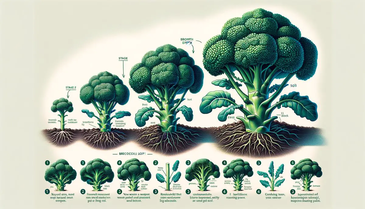 A visual description of a broccoli plant, showing different growth stages and maintenance tips for optimal care