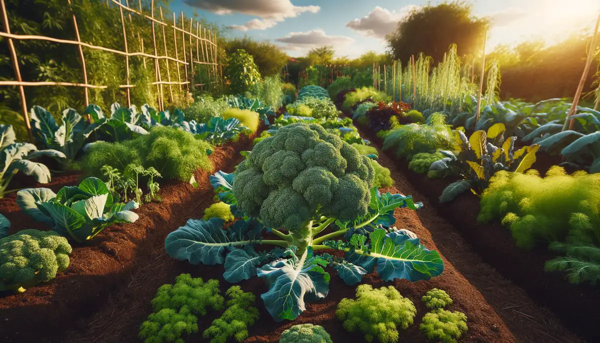 An image of a flourishing organic broccoli garden with various vegetables growing in healthy soil