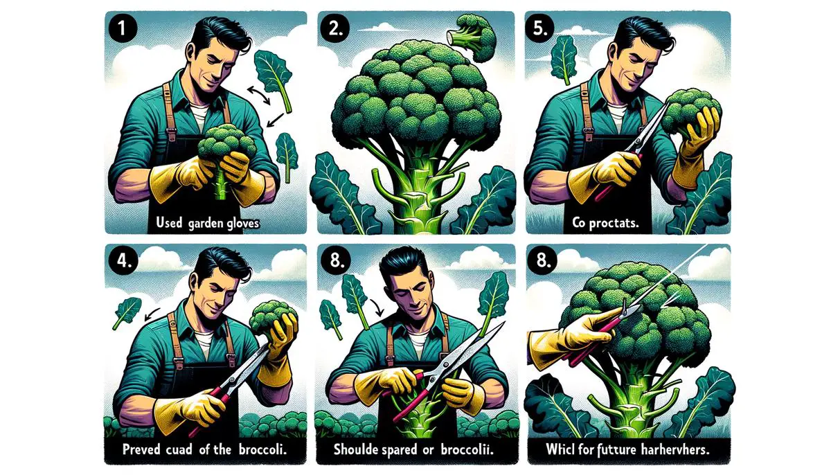 A visual guide to harvesting broccoli, showing the step-by-step process of cutting the main head and identifying offshoots for future harvests