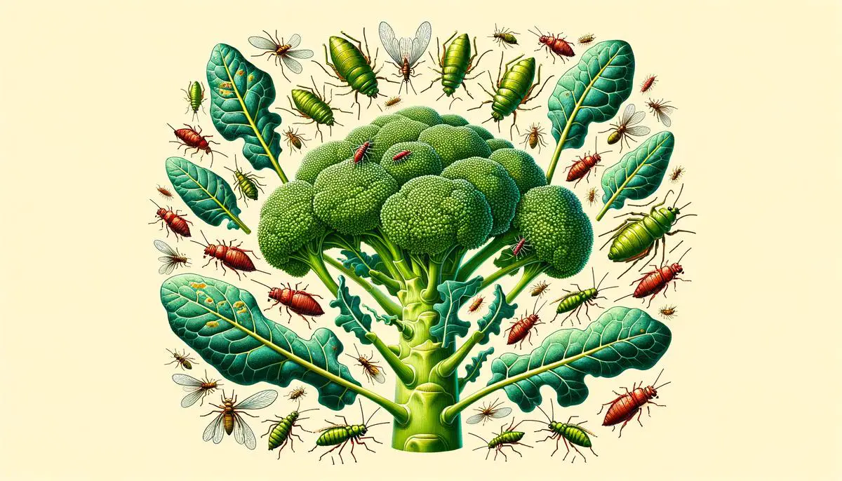 Image of various pests that can harm a broccoli plant, including aphids, to help visually impaired individuals understand the content of the text.