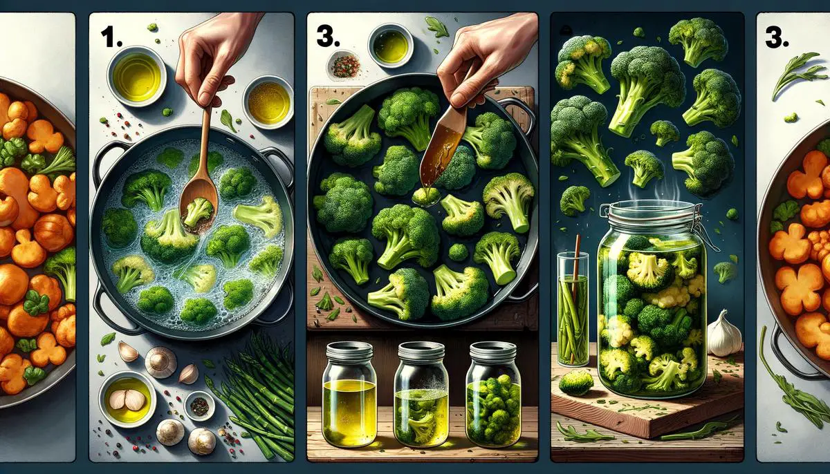 Image of various methods of preparing broccoli, including blanching, roasting, and pickling