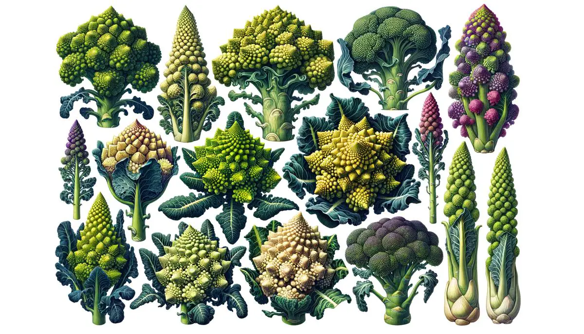 Various types of broccoli displayed, showcasing their diversity and unique characteristics