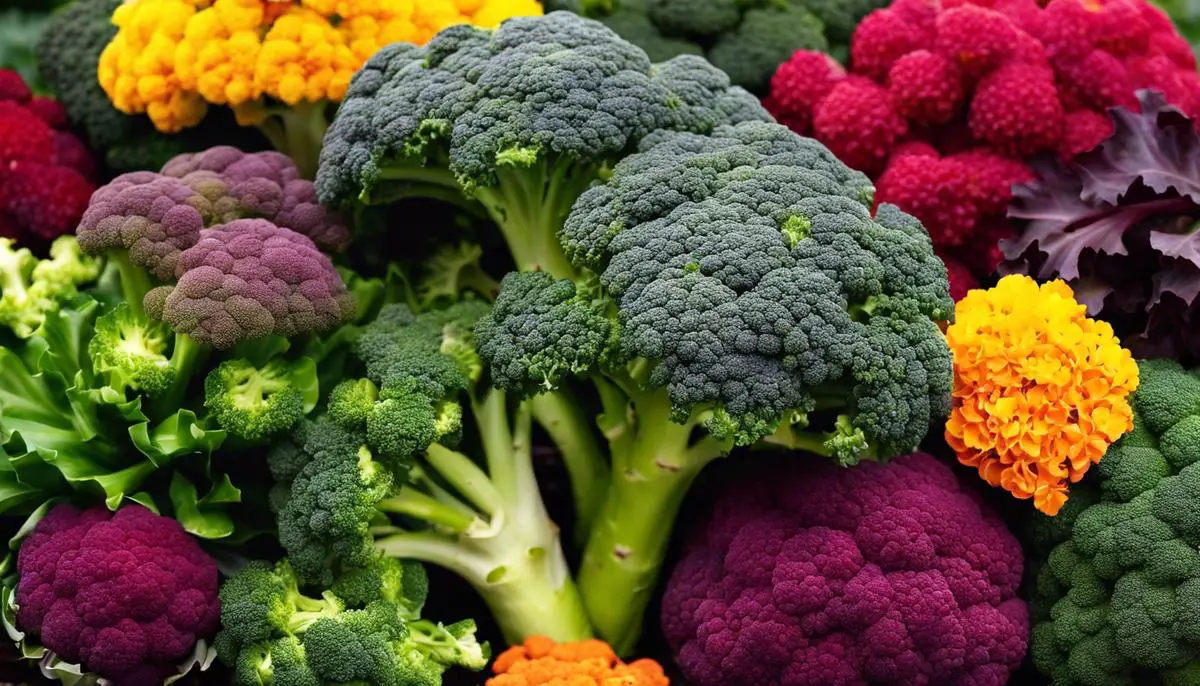 Image of various colorful broccoli varieties for visual impact in the garden