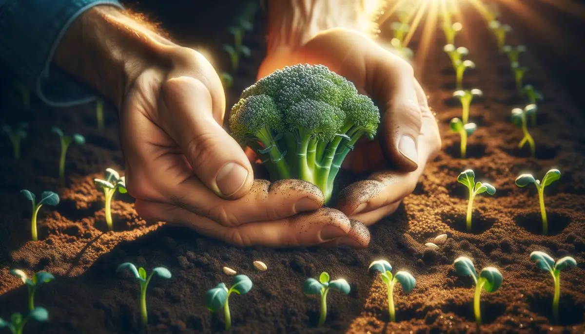 An image showing hands planting Calabrese broccoli seeds in prepared soil