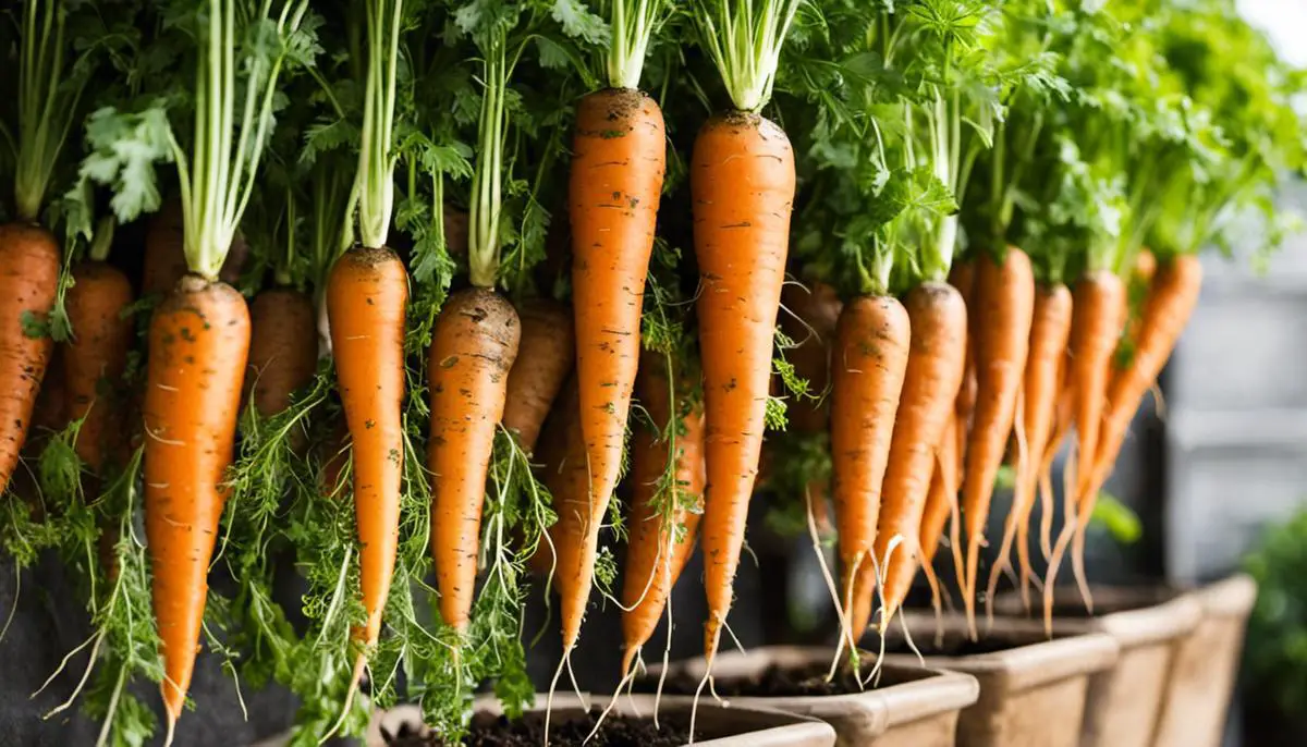 Image of a container garden filled with healthy carrots growing vertically in pots.