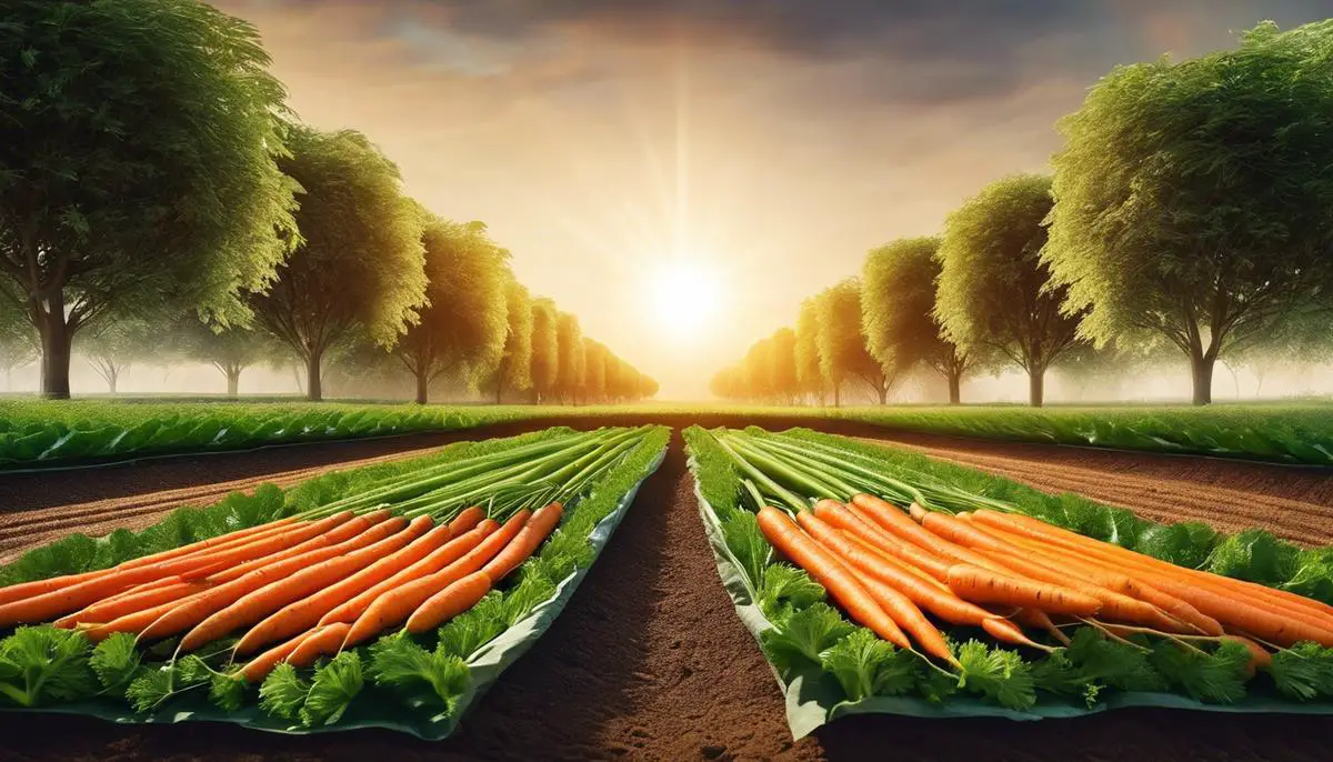 Image of a garden with neatly arranged rows of carrots under the sun, surrounded by fertile soil