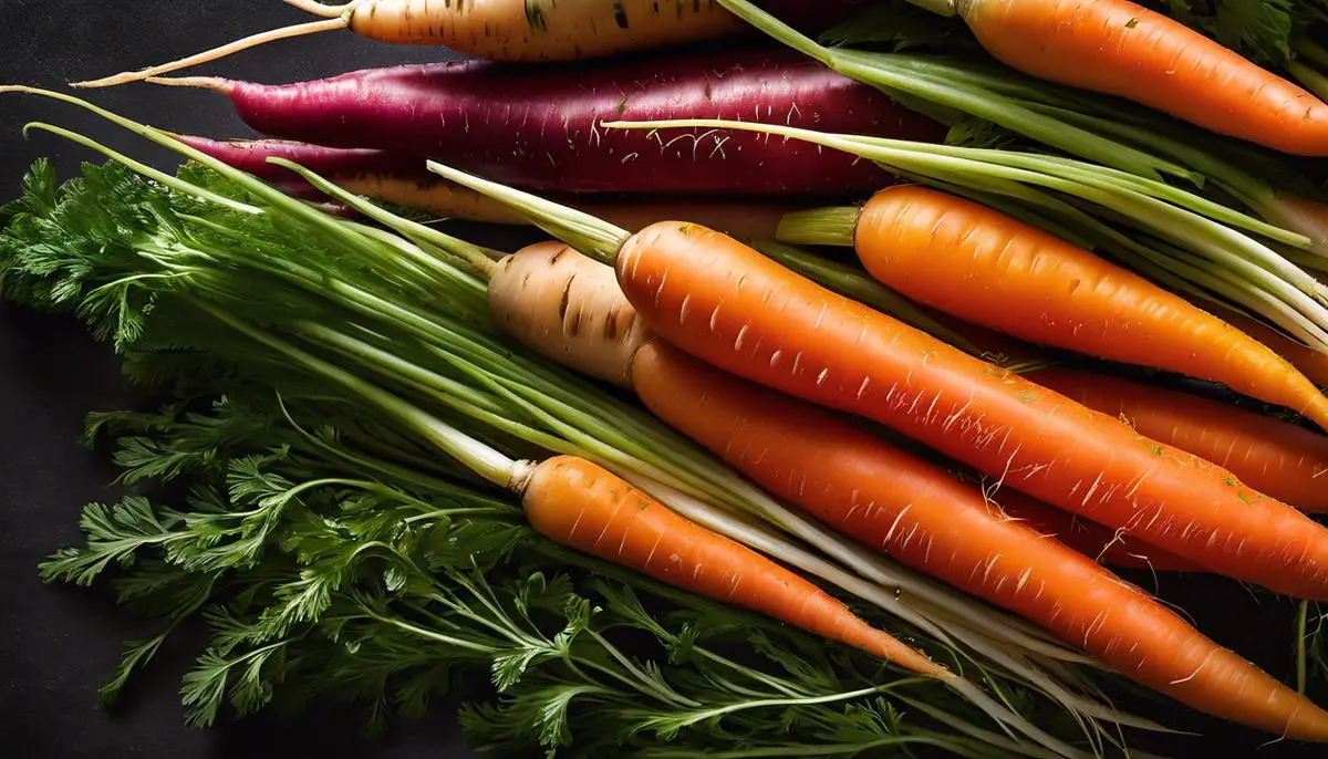 A close-up image of a handful of fresh, vibrant carrots with their green tops still intact