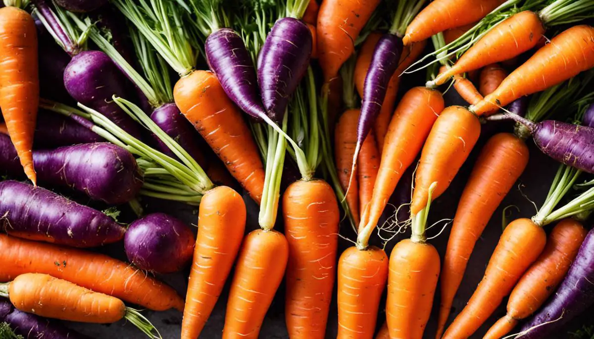 A photo of freshly harvested carrots with colorful orange and purple hues.