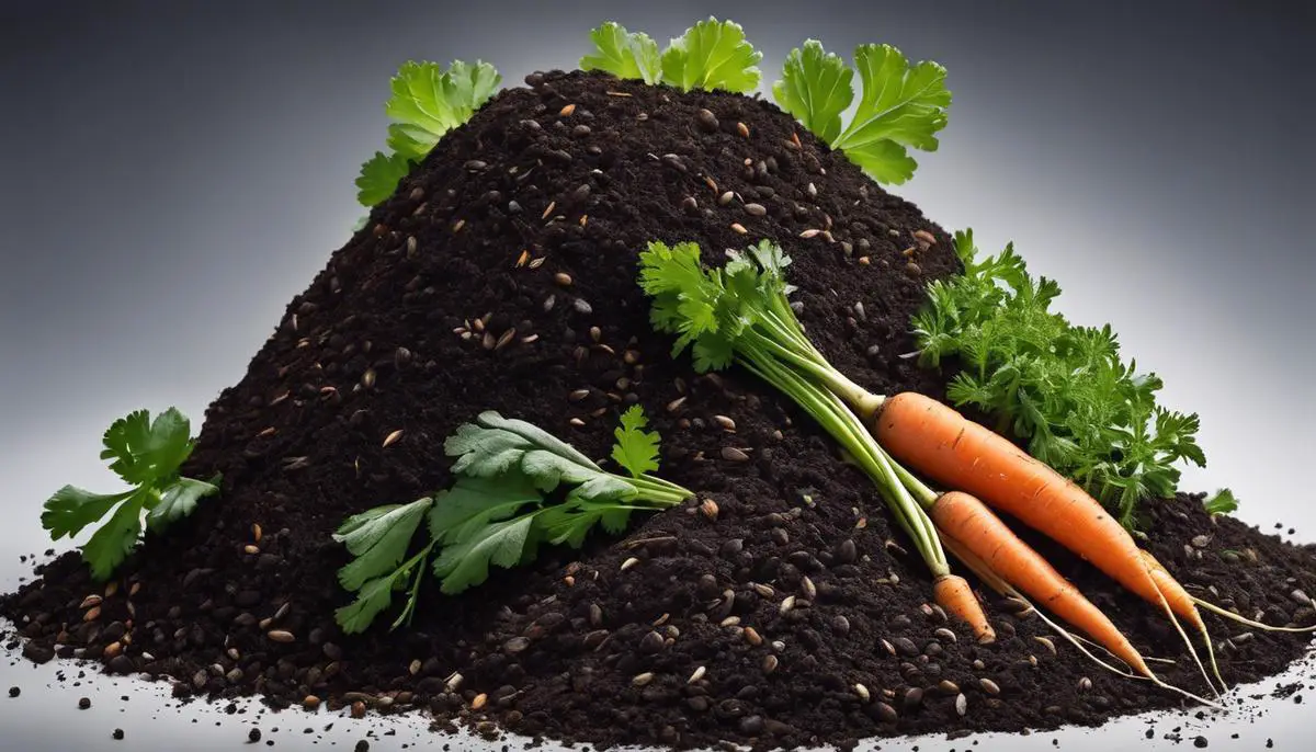 A pile of compost mixed with soil and carrot seeds
