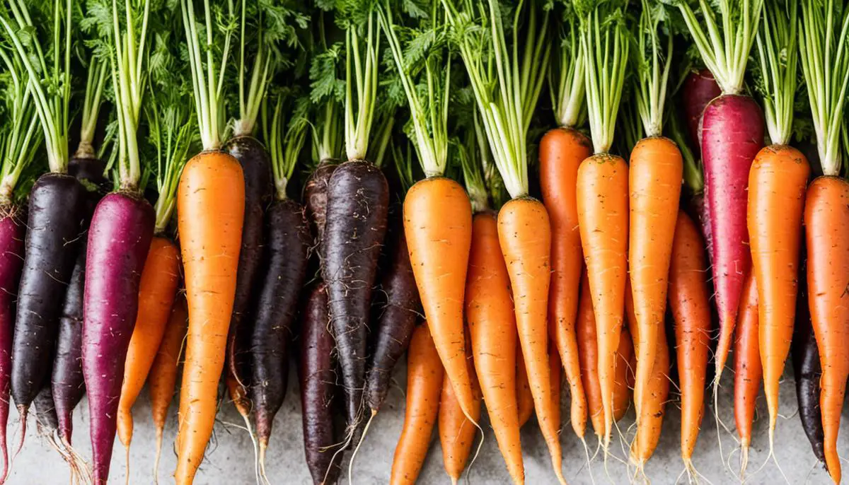 Different varieties of carrots showcasing their vibrant colors.