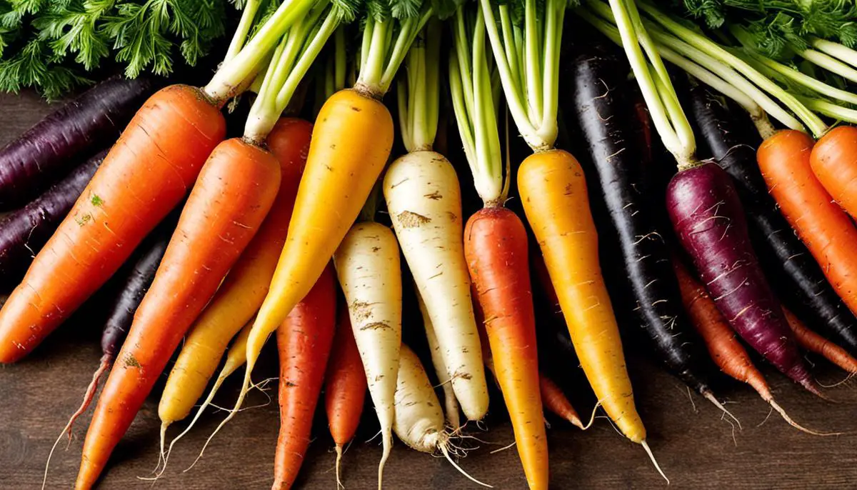 Different colored carrots, including yellow, red, white, black, and rainbow varieties, creating a visually appealing selection of fresh carrots.