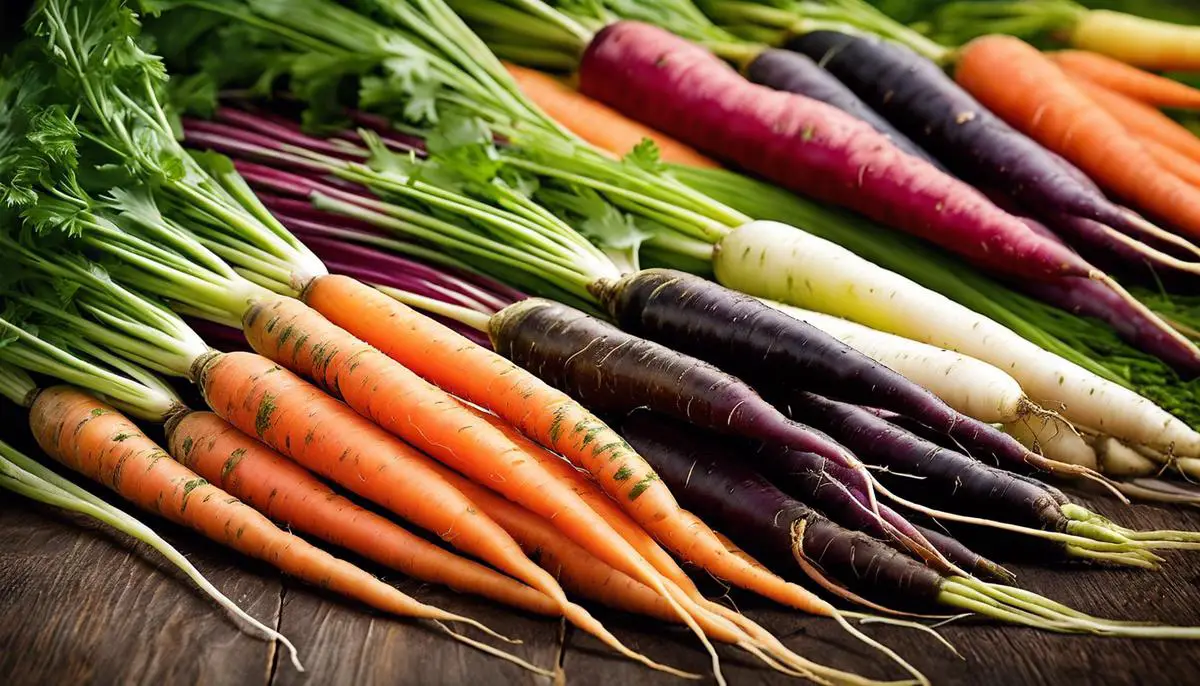 Varieties of organic carrots, showcasing a rainbow of colors