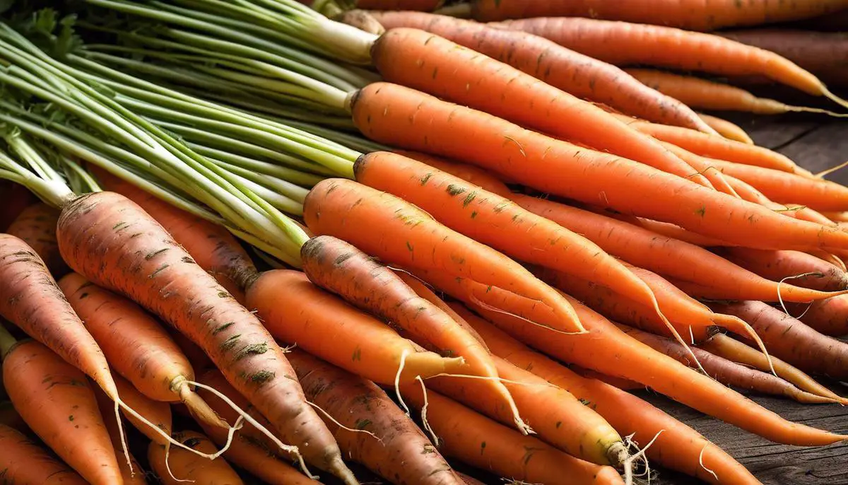 Freshly harvested organic carrots, showing various sizes and colors.