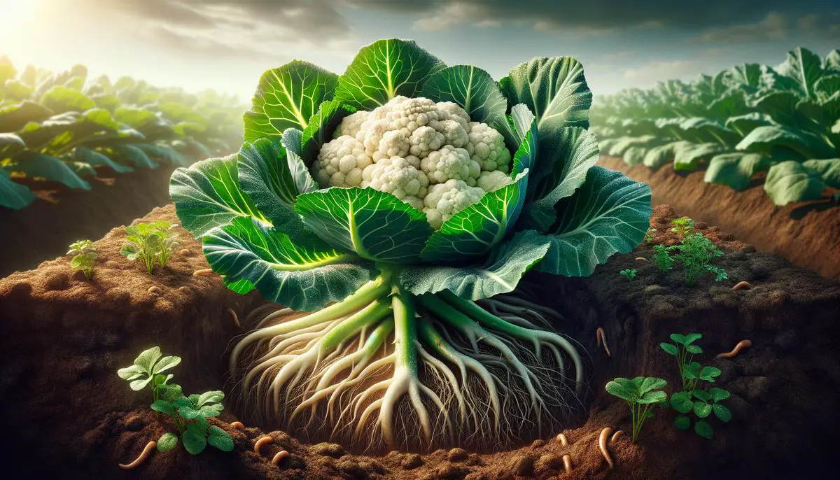A lush cauliflower plant growing in nutrient-rich soil