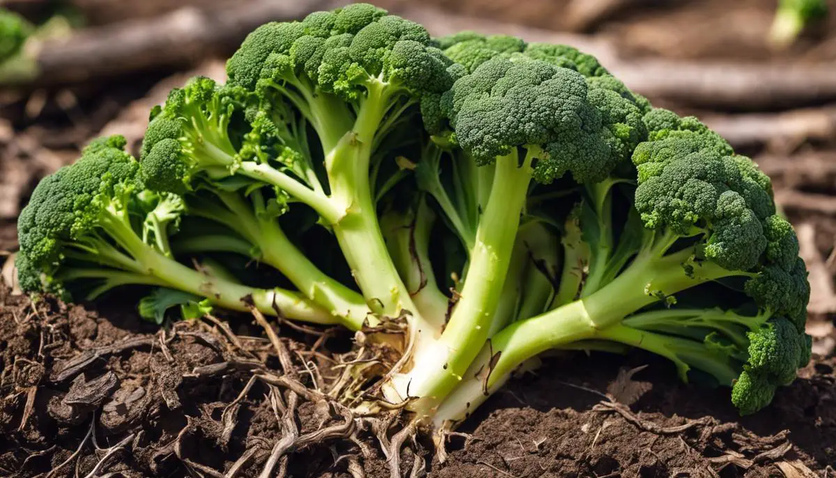 Image of broccoli plant affected by clubroot disease, showing stunted growth and malformed galls on roots