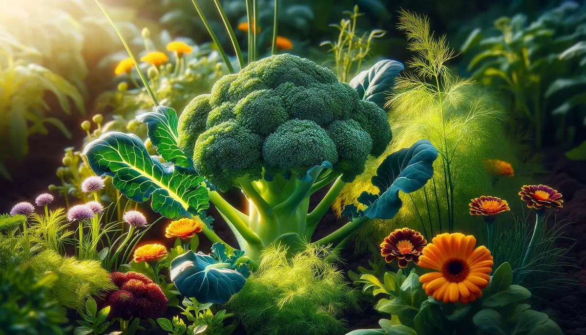Image of a broccoli plant growing alongside various companion plants.