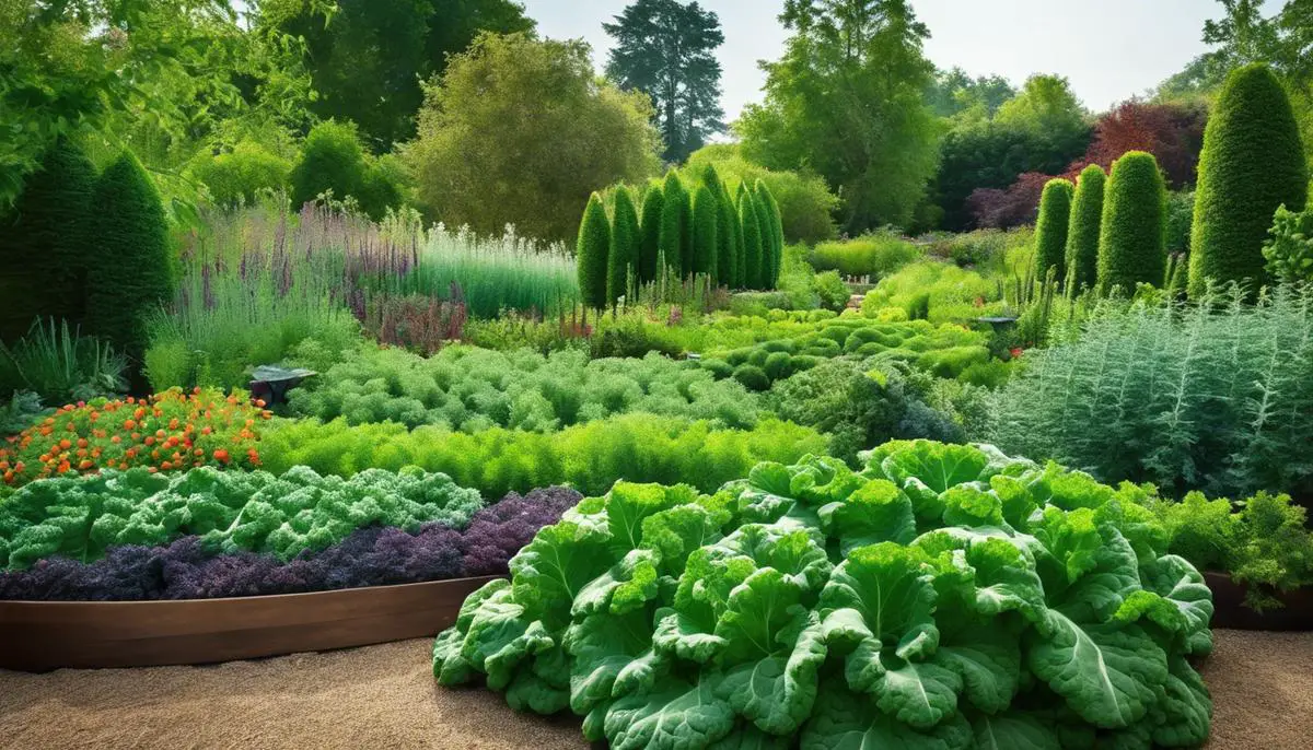 A garden with green kale plants surrounded by aromatic herbs and legumes, illustrating the concept of companion planting.