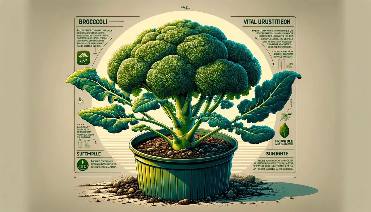 A healthy broccoli plant growing in a container with text saying how much water and sunlight it needs for optimal growth.