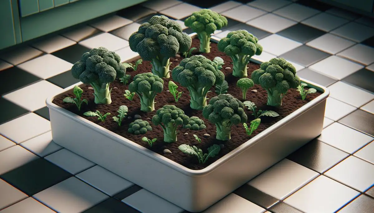 container with broccoli plants growing in it