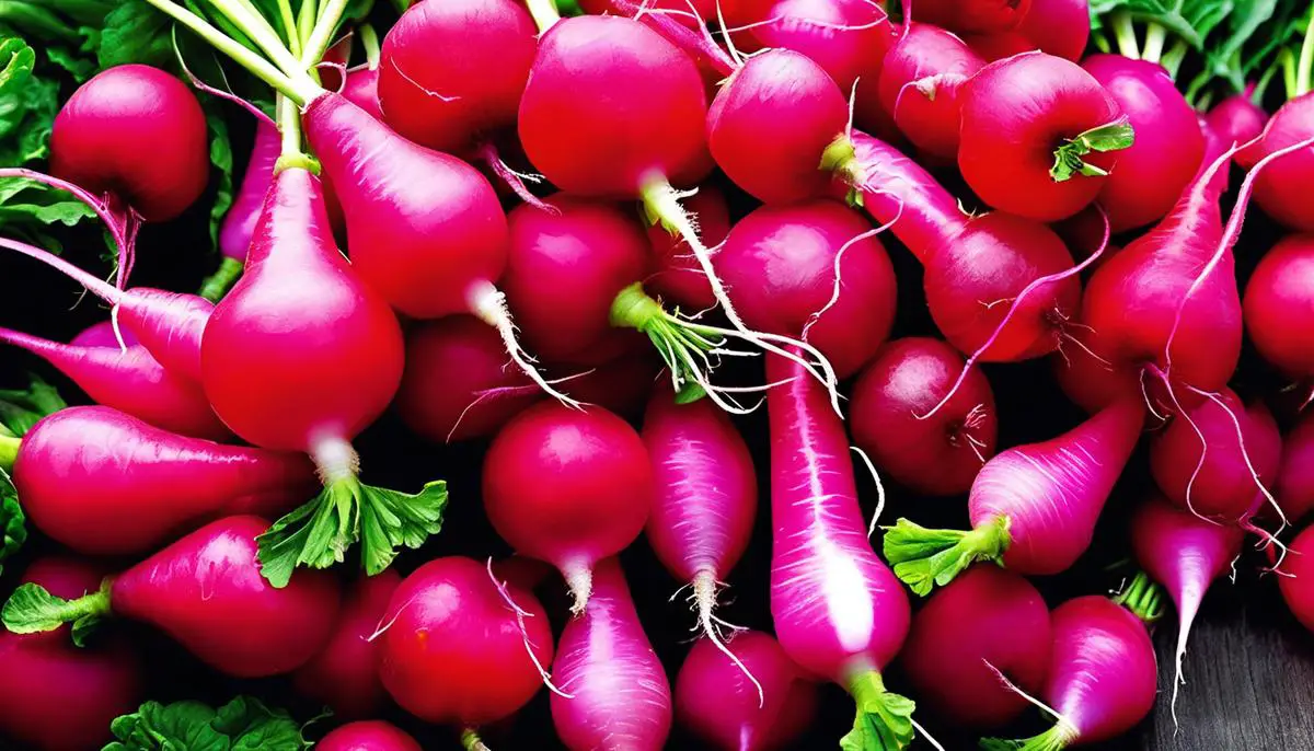 Image of container-grown radishes showcasing their vibrant colors and plump shapes