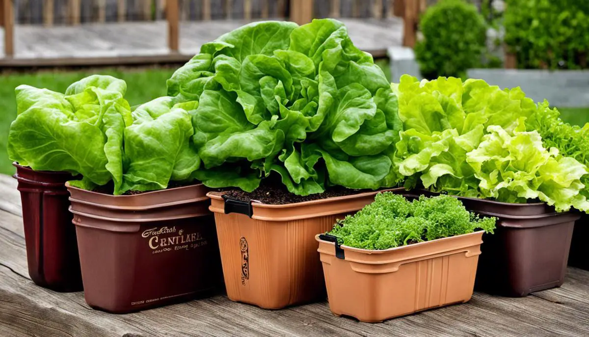 A photo showing different types of containers for lettuce gardening, showcasing the variety of options available.