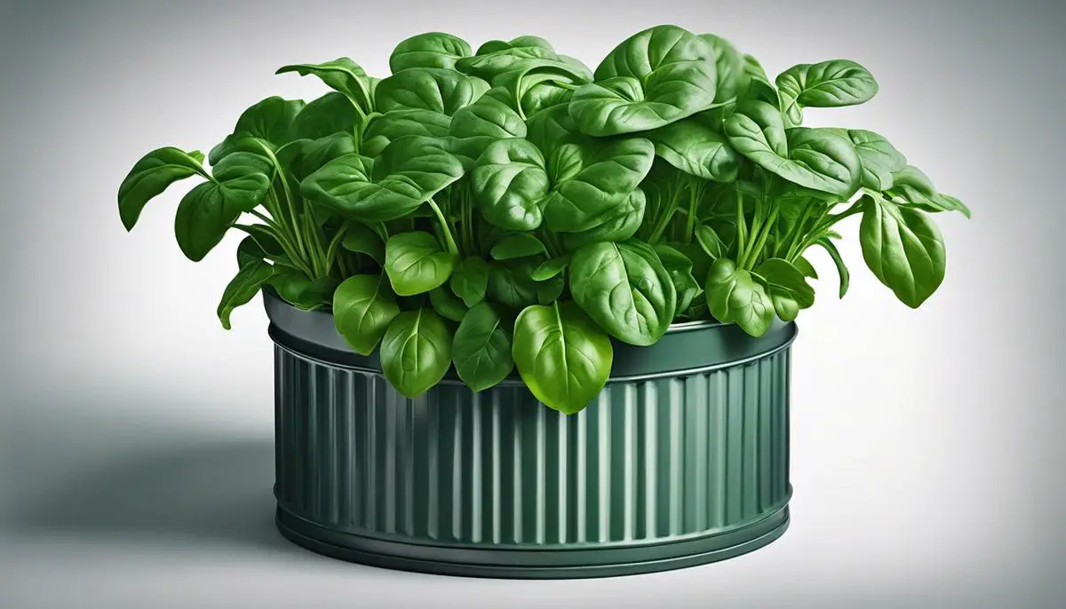 A container filled with fresh spinach plants growing in vibrant green leaves.