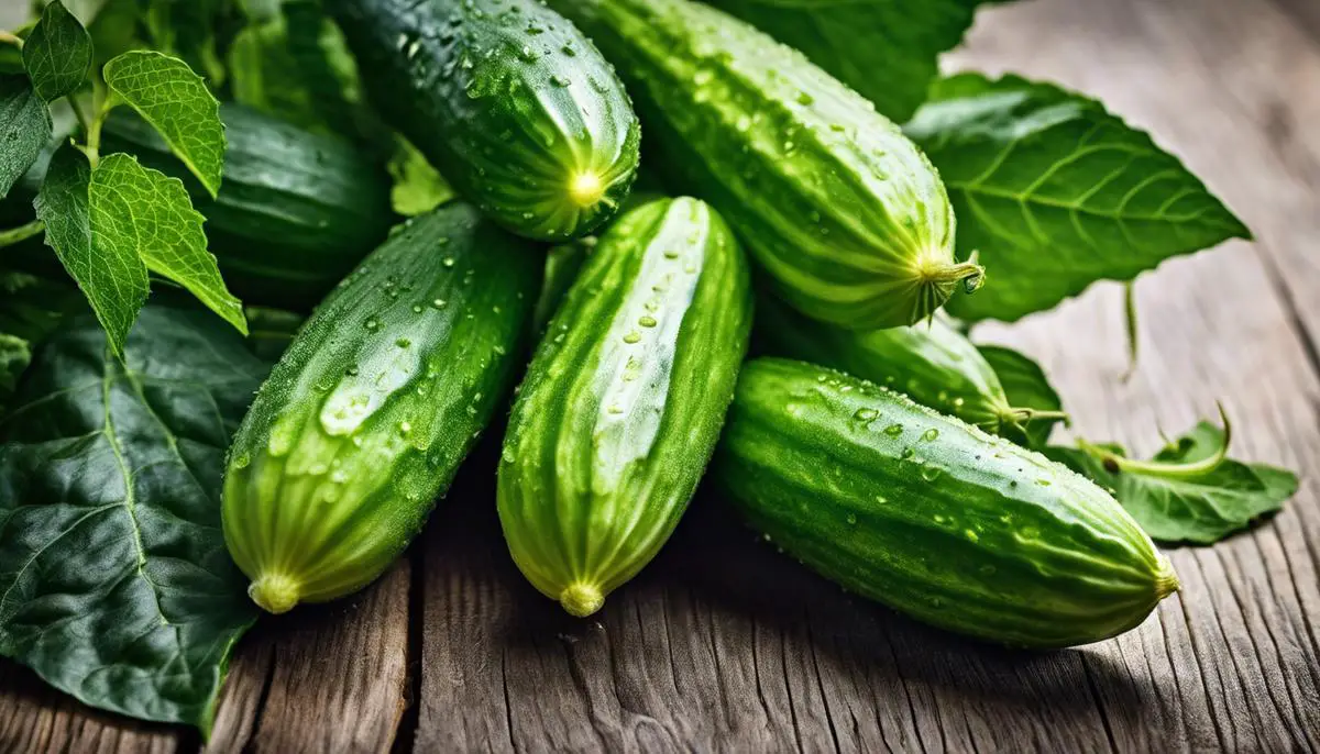 A close-up image of fresh green cucumbers growing on a vine.