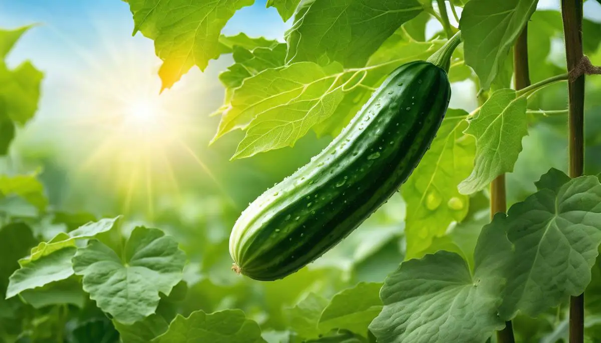 A lush green cucumber plant growing in a garden, with vibrant and healthy cucumbers hanging from the vines.