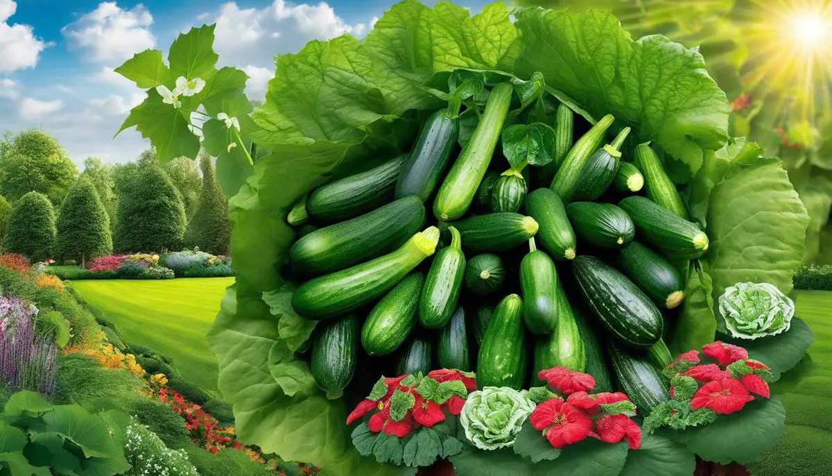 A lush green garden filled with vibrant cucumber plants, displaying the potential of a thriving cucumber patch in a bountiful garden.