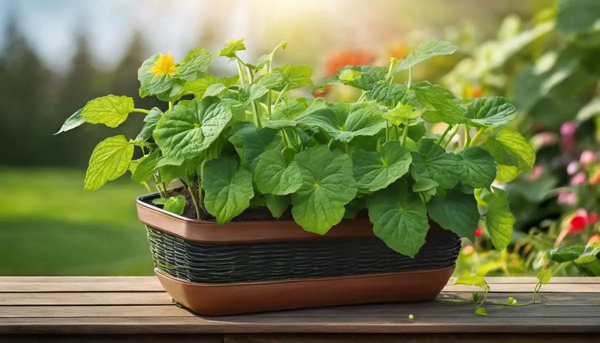 Image depicting a flourishing cucumber plant in a container garden
