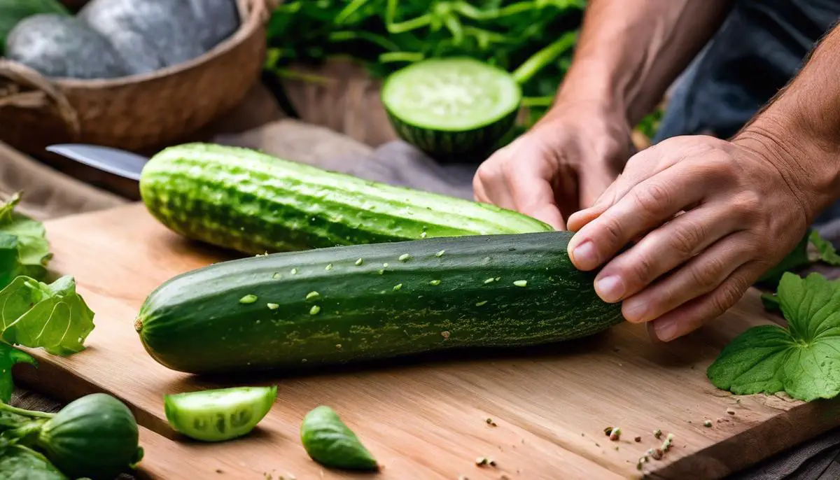 Image describing a person harvesting cucumbers from a plant, using gloves and a sharp garden knife.