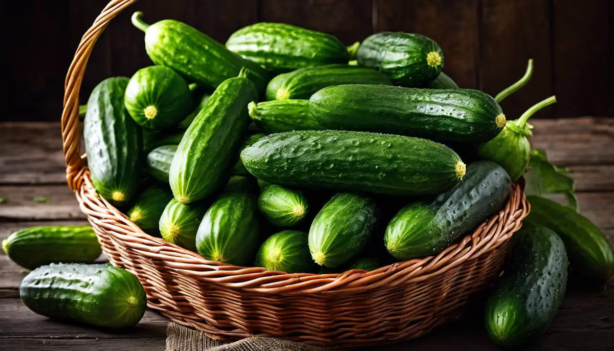Image of freshly harvested cucumbers in a basket.